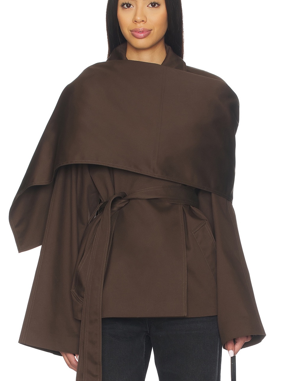 Eaves Yuna Cropped Trench Jacket In Espresso Brown Belted Cape Overlay Nwt M